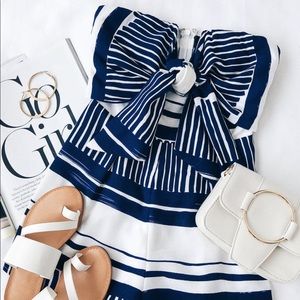 Lulus Delphi Striped tie front strapless romper